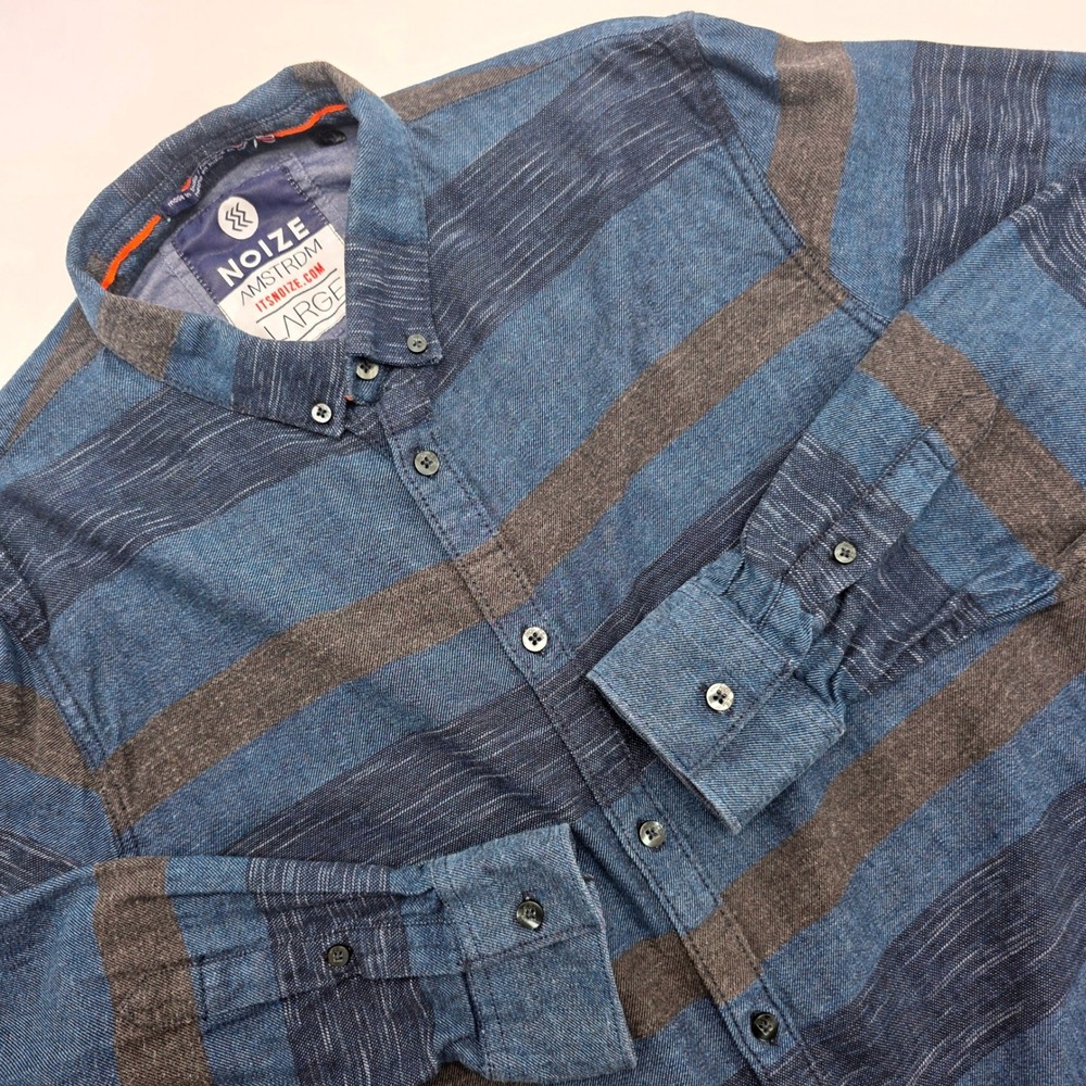 Noize Amstrdm Mens Large Blue Grey Striped Cotton‎ Long Sleeve Button Down Shirt
